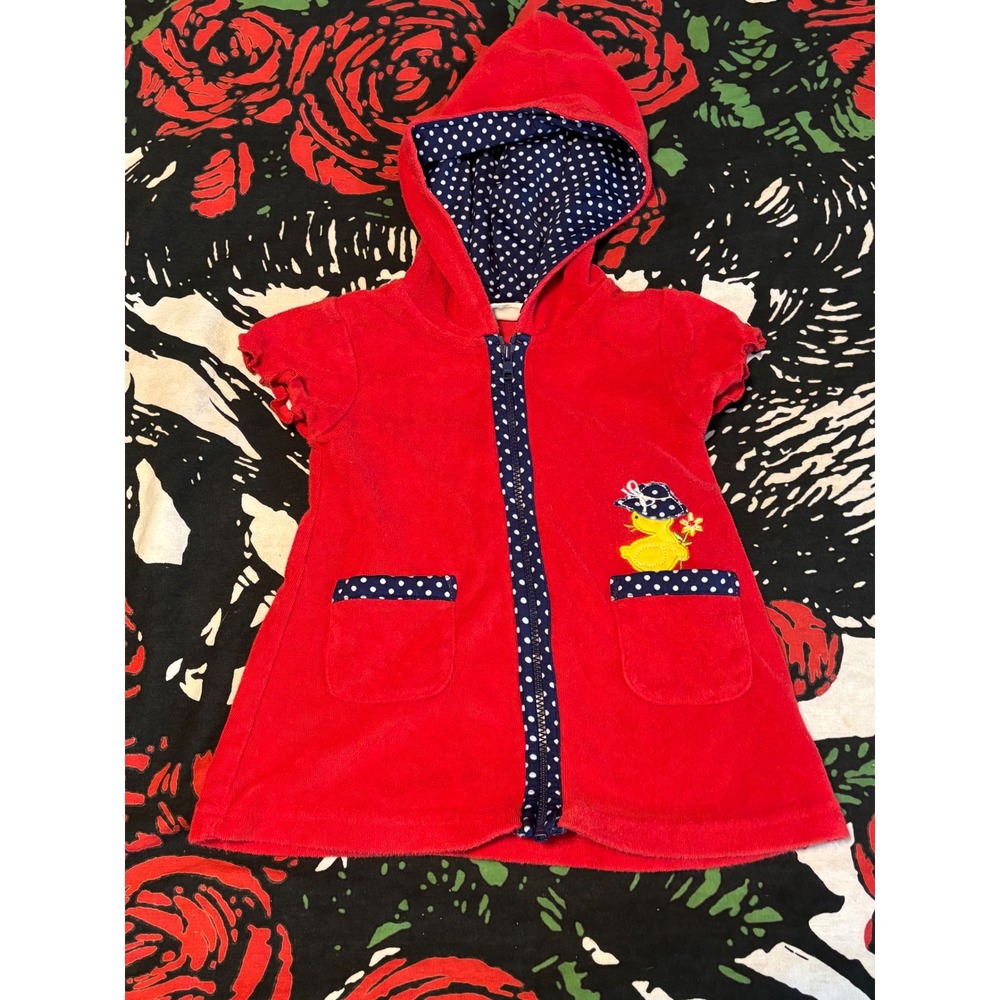 BT Kids Red Velour Hooded Zip Up Dress Duck Polka Dot 12 Months